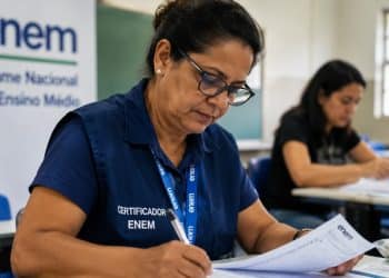 Mulher com colete de certificador do Enem preenche um relatório em uma sala, ao lado de um banner do Exame Nacional do Ensino Médio, representando a função exercida na aplicação da prova