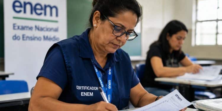 Mulher com colete de certificador do Enem preenche um relatório em uma sala, ao lado de um banner do Exame Nacional do Ensino Médio, representando a função exercida na aplicação da prova