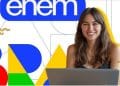 Arte de divulgação do Enem com o logotipo do exame e uma estudante sorrindo diante de um notebook, simbolizando os documentos necessários para serem apresentados no dia das provas do Enem 2026.