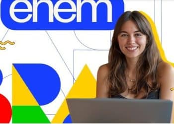 Arte de divulgação do Enem com o logotipo do exame e uma estudante sorrindo diante de um notebook, simbolizando os documentos necessários para serem apresentados no dia das provas do Enem 2026.