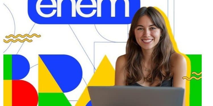 Arte de divulgação do Enem com o logotipo do exame e uma estudante sorrindo diante de um notebook, simbolizando os documentos necessários para serem apresentados no dia das provas do Enem 2026.