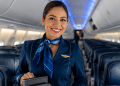 Comissária de bordo uniformizada, com lenço azul e distintivo de asas, sorri no corredor da cabine de um avião