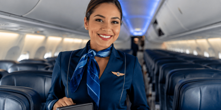 Comissária de bordo uniformizada, com lenço azul e distintivo de asas, sorri no corredor da cabine de um avião