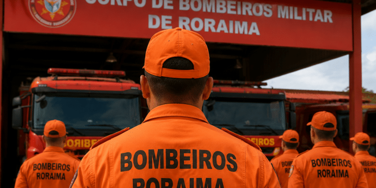 Bombeiros de Roraima em formação com fardas laranjas diante de viaturas do Corpo de Bombeiros Militar.