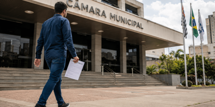 Candidato caminha em direção à Câmara Municipal segurando um documento de concurso público.