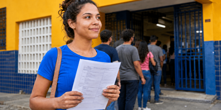 Jovem candidata segura ficha de inscrição em frente a escola com fila de pessoas para concurso público.