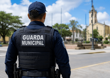 Guarda Municipal de costas em praça pública, representando o concurso da Guarda Municipal de Itupeva com 20 vagas.
