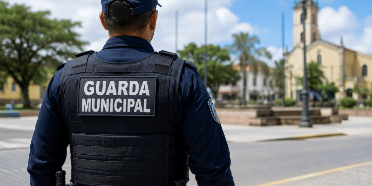 Guarda Municipal de costas em praça pública, representando o concurso da Guarda Municipal de Itupeva com 20 vagas.