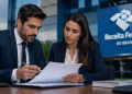 Profissionais analisam documentos em escritório representando as funções de analista e auditor da Receita Federal.