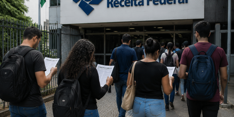 Pessoas com mochilas e documentos de concurso público caminhando em direção ao prédio da Receita Federal no Brasil.