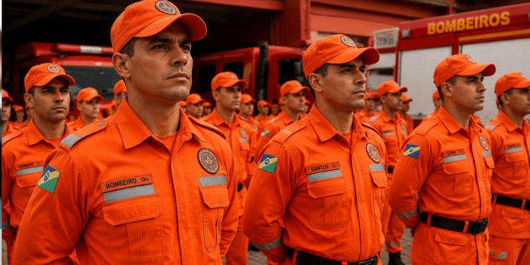 Grupo de bombeiros militares uniformizados em formação para concursos dos Corpos de Bombeiros.