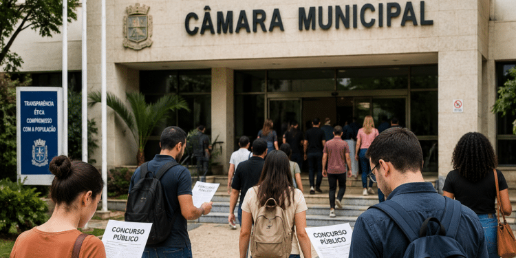 Pessoas se dirigindo a uma Câmara Municipal com documentos de concurso público em mãos.