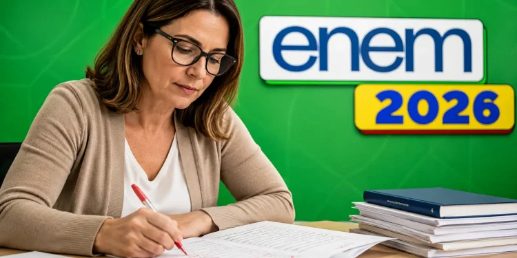 Professora corrigindo redação do Enem 2026 em mesa de trabalho, com materiais de avaliação e slogan ao fundo.