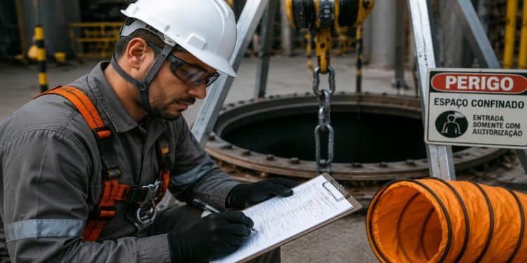 Trabalhador em espaço confinado com capacete e cinto de segurança, ilustrando o curso gratuito e online de NR 33 do Pensar Cursos.