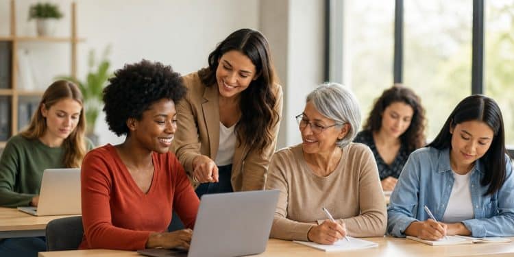 Imagem ilustrativa de mulheres de diferentes idades em sala de aula, com notebooks e cadernos sobre a mesa e uma instrutora orientando uma das alunas, representando as turmas dos cursos gratuitos de qualificação da Prefeitura do Rio