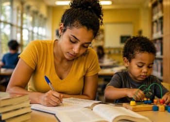 Estudante universitária escreve em um caderno na biblioteca enquanto o filho brinca ao lado, imagem que representa a pesquisa do MEC sobre a rotina de mães e pais no ensino superior