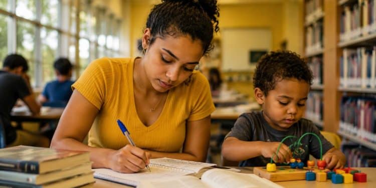 Estudante universitária escreve em um caderno na biblioteca enquanto o filho brinca ao lado, imagem que representa a pesquisa do MEC sobre a rotina de mães e pais no ensino superior