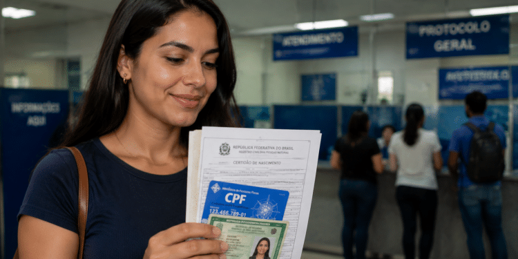 Pessoa aprovada em concurso público segurando documentos pessoais para apresentação na etapa de posse.