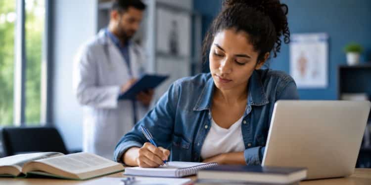 Estudante escreve em caderno diante do notebook e de livros abertos, enquanto profissional de jaleco branco aparece ao fundo, representando os exames nacionais de educação e da área da saúde