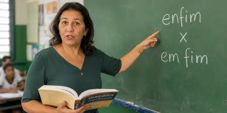 Professora de português explica na lousa a diferença entre “enfim” e “em fim” durante uma aula de gramática.