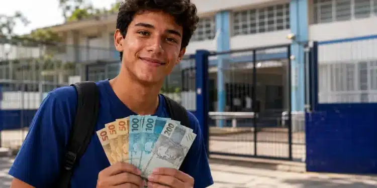 Estudante do ensino médio segura cédulas de real em frente à escola, representando as melhores formas de uso dos R$ 3 mil acumulados pelo Pé-de-Meia