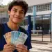 Estudante do ensino médio segura cédulas de real em frente à escola, representando as melhores formas de uso dos R$ 3 mil acumulados pelo Pé-de-Meia
