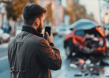 Homem usando celular próximo a local de acidente de trânsito, representando a proibição de divulgar imagens não autorizadas de vítimas.