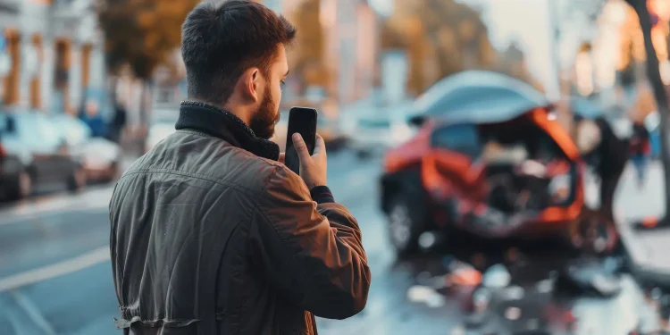 Homem usando celular próximo a local de acidente de trânsito, representando a proibição de divulgar imagens não autorizadas de vítimas.