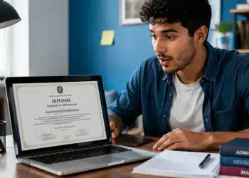 Jovem consultando um diploma universitário digital na tela do notebook em ambiente de estudo.