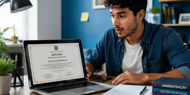 Jovem consultando um diploma universitário digital na tela do notebook em ambiente de estudo.