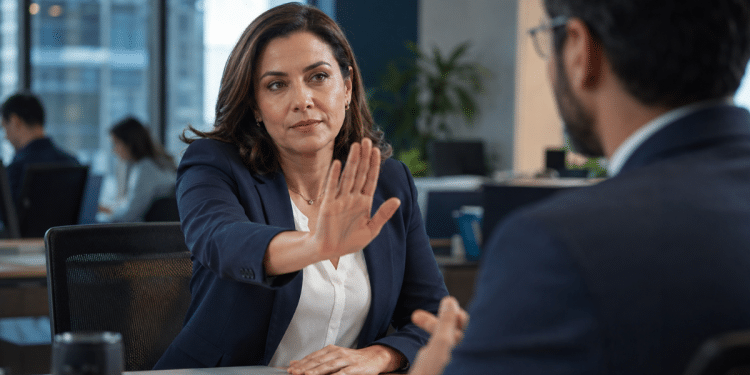Mulher em reunião corporativa fazendo gesto de recusa com a mão, em contexto de inteligência emocional no trabalho.
