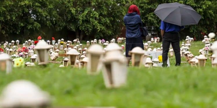 Pessoas caminham por um cemitério em dia nublado, imagem ilustrativa da profissão de agente funerário escolhida por um campeão do mundo após deixar o futebol.