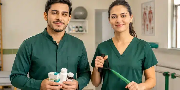 Profissionais de farmácia e fisioterapia lado a lado, representando a comparação salarial entre as duas carreiras no Brasil.