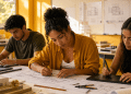 Três estudantes analisam plantas, maquete e ferramentas digitais em uma sala universitária.