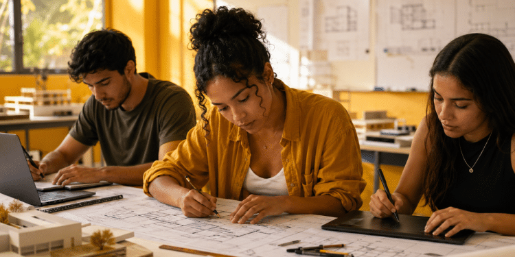 Três estudantes analisam plantas, maquete e ferramentas digitais em uma sala universitária.