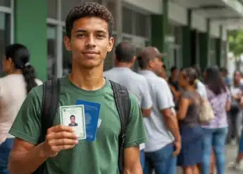 Jovem segura documentos pessoais durante mutirão da Carteira de Identidade Nacional com fila de atendimento em órgão público