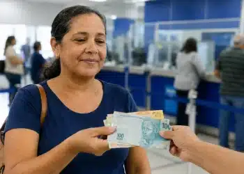 Beneficiária recebe dinheiro em agência bancária, representando o pagamento de atrasados previdenciários.