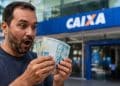 Homem surpreso segura notas de R$ 100 em frente a uma agência bancária, representando o Pix de até R$ 1.000 que a Receita Federal libera em 15 de julho a 3,5 milhões de contribuintes