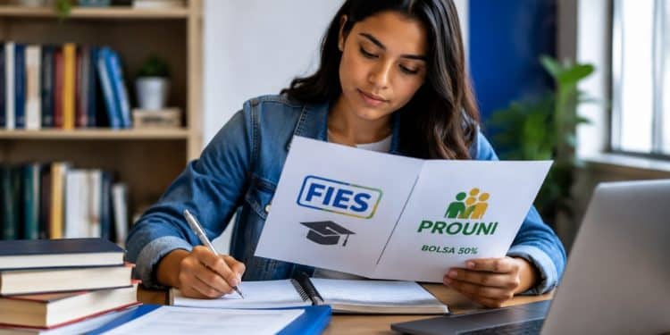 Estudante analisa documento com os logos do Fies e do Prouni e a indicação de bolsa de 50%, ilustrando como financiar a outra metade da mensalidade.
