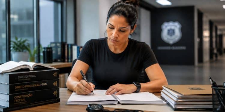 Imagem ilustrativa de candidata escrevendo à mão diante de códigos de Direito Penal, Processo Penal e Constituição Federal, em representação do treino da peça cobrada no concurso de delegado