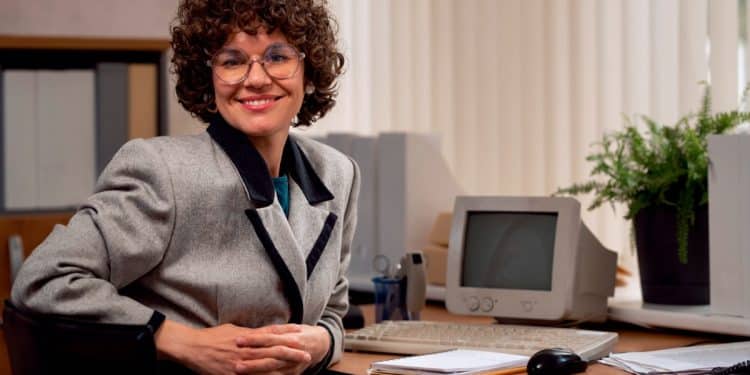 Profissional de blazer cinza sorri sentada em uma mesa de escritório com computador e materiais de trabalho