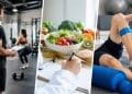 Montagem com três cenas do esporte: um profissional de Educação Física orientando um treino na academia, um nutricionista anotando ao lado de uma salada e um fisioterapeuta cuidando da perna de um paciente, representando as carreiras que combinam com quem gosta de esporte.