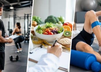 Montagem com três cenas do esporte: um profissional de Educação Física orientando um treino na academia, um nutricionista anotando ao lado de uma salada e um fisioterapeuta cuidando da perna de um paciente, representando as carreiras que combinam com quem gosta de esporte.