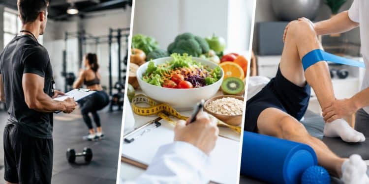 Montagem com três cenas do esporte: um profissional de Educação Física orientando um treino na academia, um nutricionista anotando ao lado de uma salada e um fisioterapeuta cuidando da perna de um paciente, representando as carreiras que combinam com quem gosta de esporte.