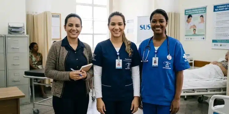 Profissionais de Enfermagem, Fisioterapia e Psicologia em uma unidade de saúde.