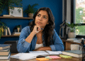Mulher de camisa jeans apoia o queixo na mão com expressão reflexiva, cercada de livros e anotações sobre a mesa