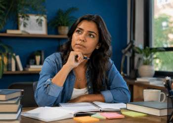 Mulher de camisa jeans apoia o queixo na mão com expressão reflexiva, cercada de livros e anotações sobre a mesa