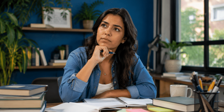 Mulher de camisa jeans apoia o queixo na mão com expressão reflexiva, cercada de livros e anotações sobre a mesa