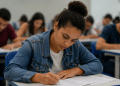 Estudante realiza prova do Encceja 2026 e escreve redação em sala de aplicação do exame.
