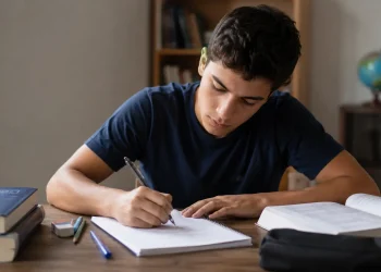 Estudante escrevendo uma redação do Enem com livros e materiais de estudo sobre a mesa, simbolizando as melhores dicas para escrever uma redação do Enem.